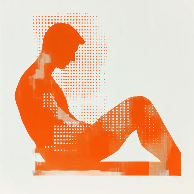Orange silhouette of a seated person in profile with a dotted halftone pattern on a white background.