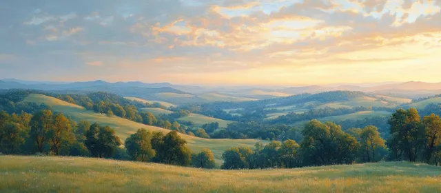 Rolling green countryside hills with trees under golden-hour sunset sky and soft light.