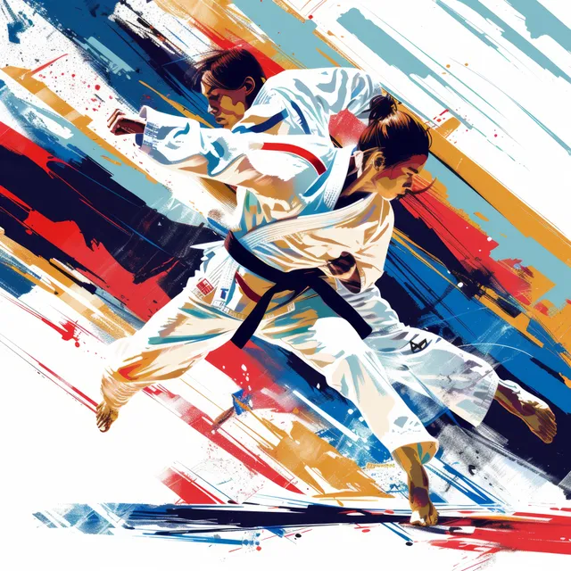 French female judoka throws opponent in dynamic judo match with motion streaks