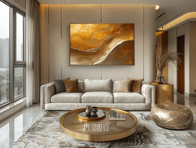 Beige sofa and round gold coffee table in a modern living room with an abstract painting above a marble-pattern rug.