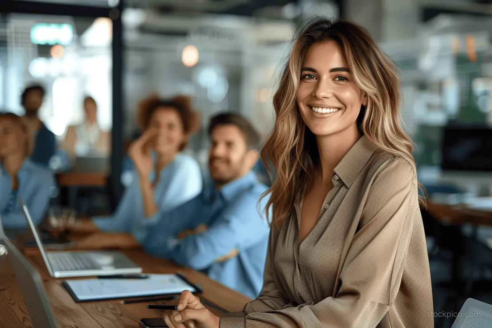 Smiling businesswoman gestures with papers during a diverse team strategy meeting in a corporate office.