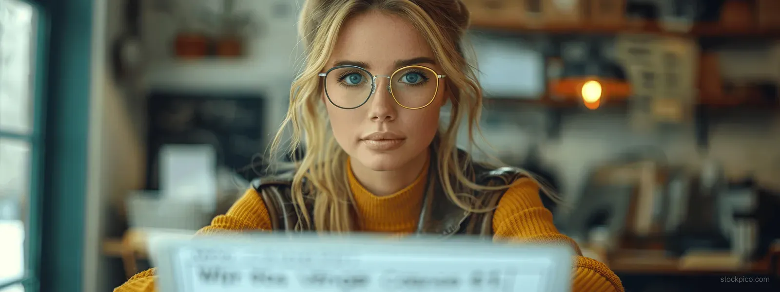 Young businesswoman wearing glasses types on a laptop at a modern office desk with a softly blurred background.