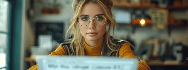 Young businesswoman wearing glasses types on a laptop at a modern office desk with a softly blurred background.