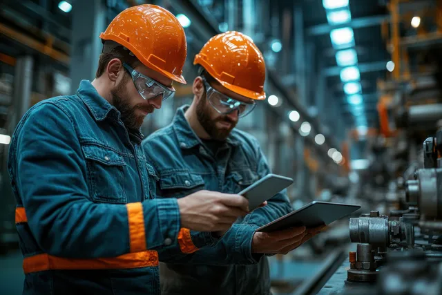 Two factory workers in orange hard hats review machinery details on tablets along an industrial production line.