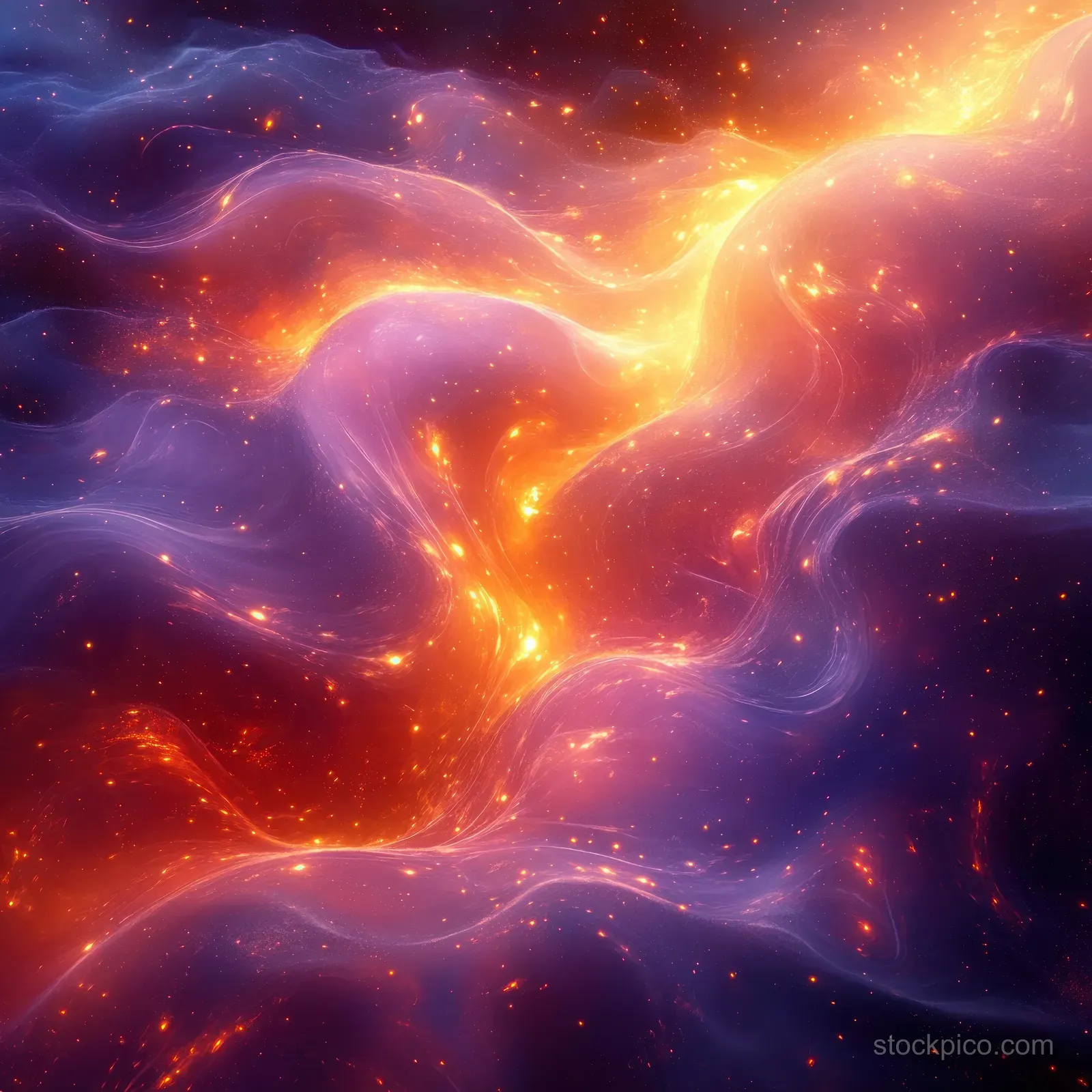 Purple and golden-orange cosmic energy waves spiral around a glowing lightning-like core in deep space.