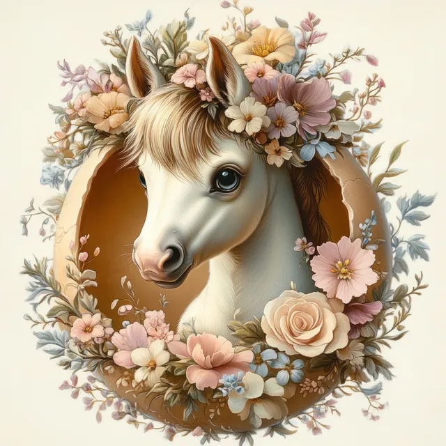 White foal emerging from a cracked eggshell, surrounded by a pastel flower wreath.