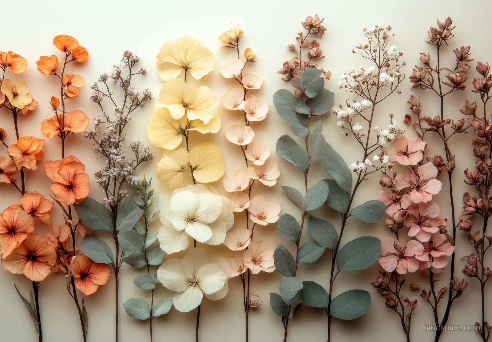 Seamless watercolor border of autumn wildflowers and eucalyptus leaves in orange, pink, and cream on a white background.