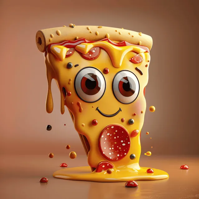 Cheerful 3D cartoon pizza slice character with big eyes, pepperoni, and dripping cheese and sauce on a warm background.
