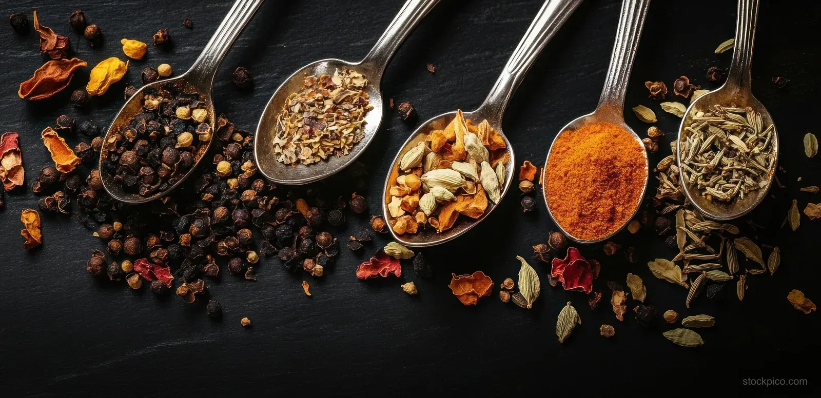 Five metal spoons on a dark surface hold mixed spices such as peppercorns, dried herbs, and orange powder.
