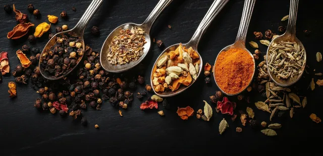 Five metal spoons on a dark surface hold mixed spices such as peppercorns, dried herbs, and orange powder.