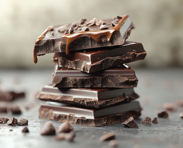 Broken dark chocolate pieces with melted drips stacked and scattered against a white studio background.