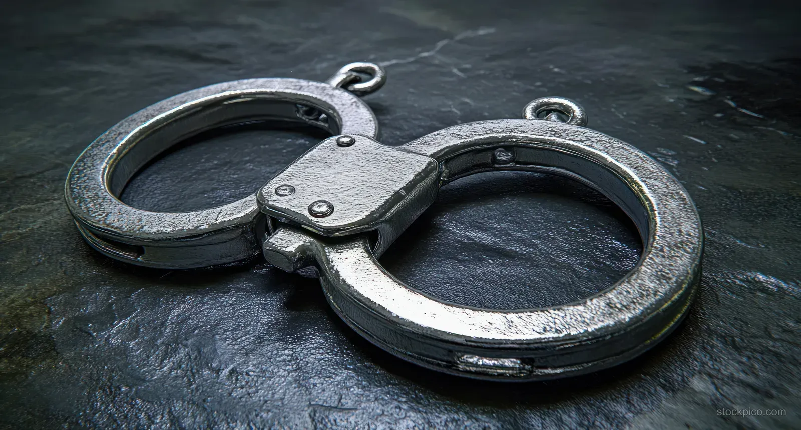 Open metal handcuffs lie on a dark textured surface, showing the cuff rings and latch mechanism.