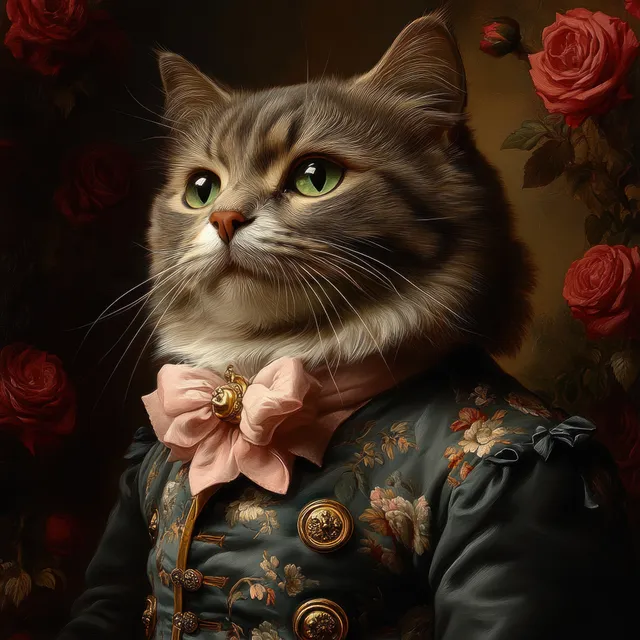 A tabby cat with green eyes in a vintage floral outfit and pink bow, surrounded by dark red roses on a dark background.