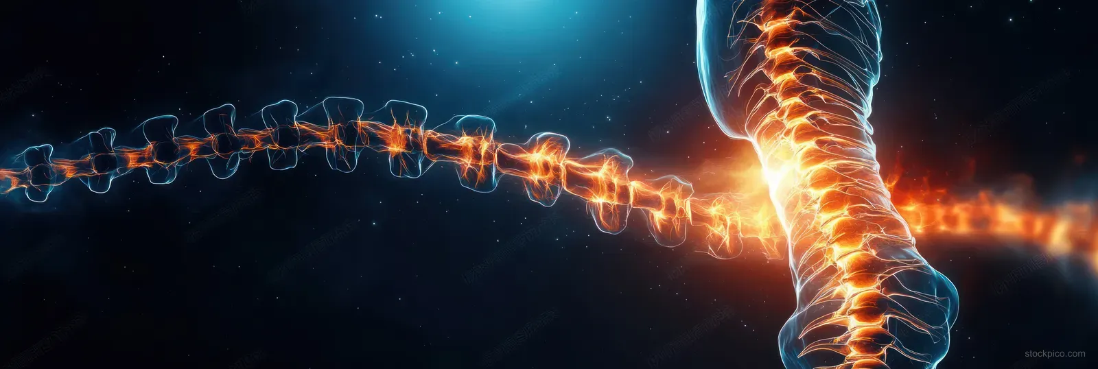 3D spine illustration with glowing orange pain areas along the vertebrae over a dark blue medical background.
