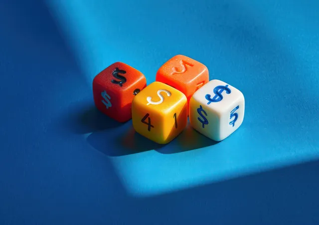 Four colorful dice with dollar signs on blue surface, casting soft angled shadows