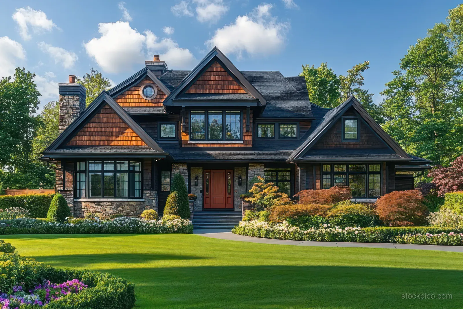 Craftsman house exterior with stone and wood siding, dark roof, and landscaped lawn beside flowering bushes under blue sky.