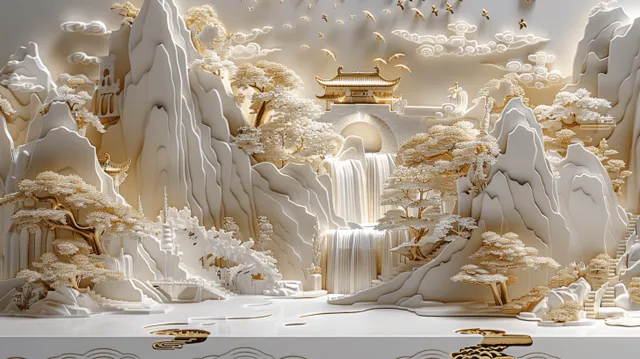 White and gold 3D relief Chinese landscape mural with mountains, clouds, a waterfall, trees, and small figures.