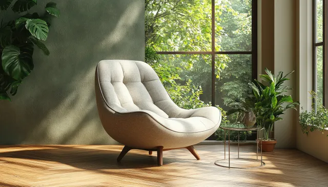 Beige lounge armchair near a sunlit window with potted plants and warm wood flooring.