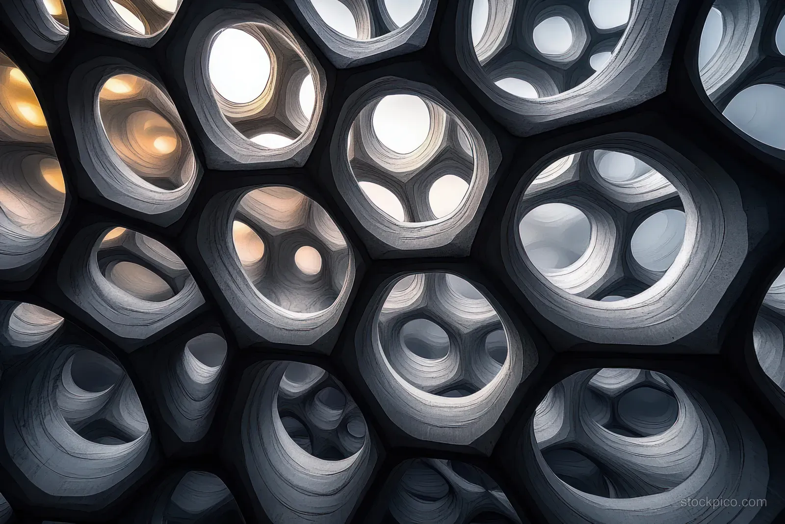 Abstract ceiling with multiple polygonal openings glowing softly in cool gray tones and casting layered shadows.