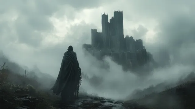 A hooded warrior on horseback rides through dense fog toward a dark castle on a distant hill.