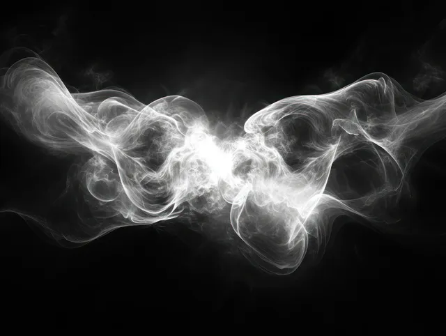 Monochrome smoke fractal ribbons ignite with glowing flame-like curves in dark space
