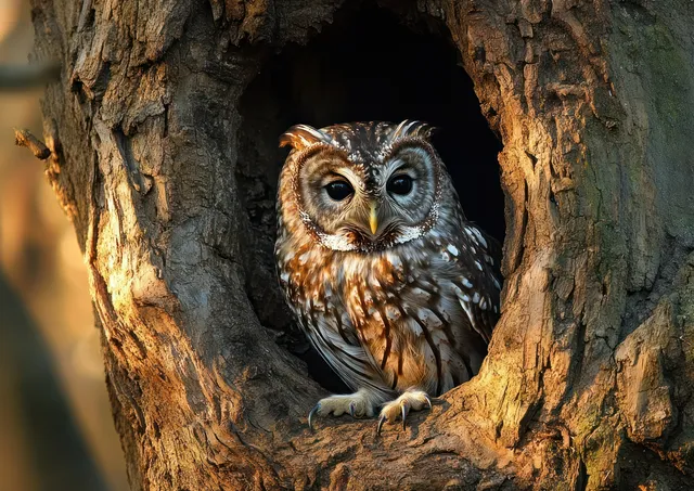 Spotted owl perched in a hollow tree trunk, lit by warm forest light