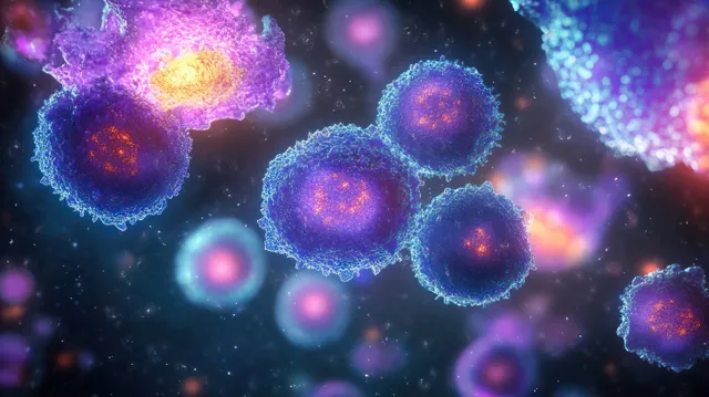 Bioluminescent virus-like particles cluster in a dark microscopy-style background with glowing halos.