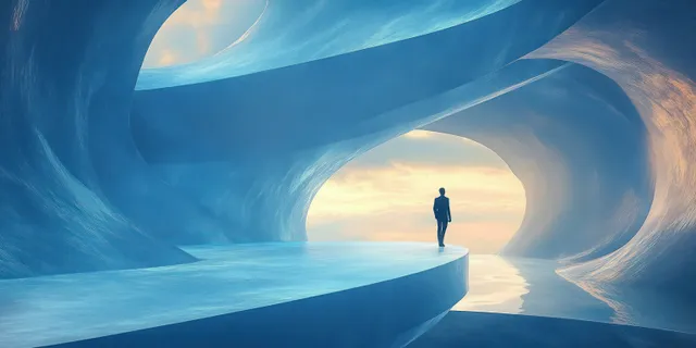 A lone silhouette walks along a smooth curved path inside a blue cavern with soft light coming through an opening.
