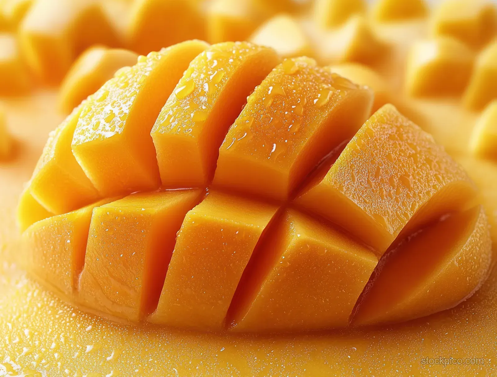 Ripe mango cubes with glistening juice droplets sit on a warm golden surface.