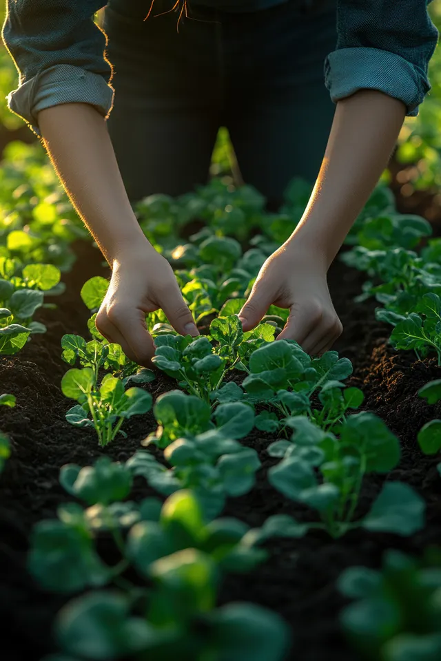 A young gardener’s hands gently plant and water leafy vegetable seedlings in warm sunlight.