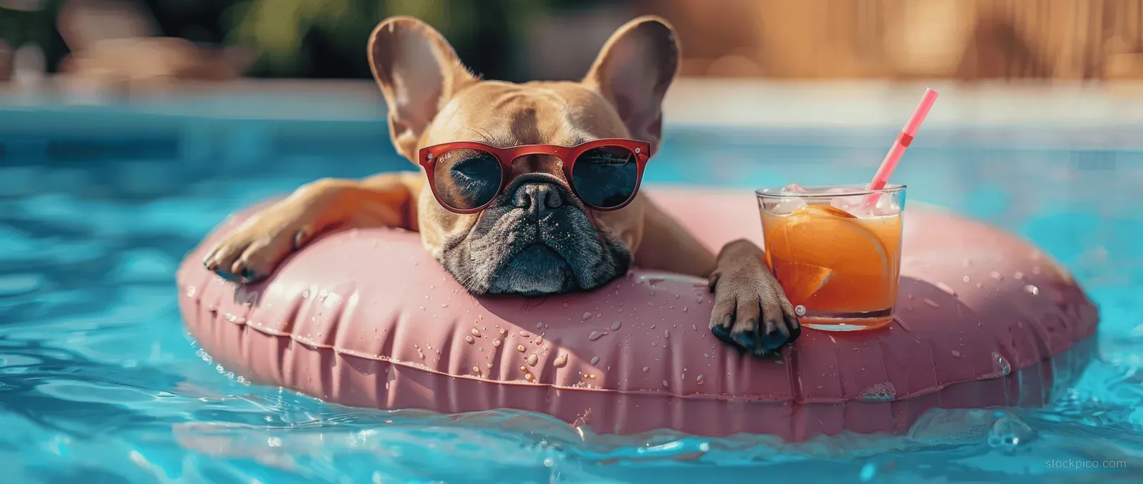 French bulldog in sunglasses lounges on a pink inflatable ring in a swimming pool holding orange juice.
