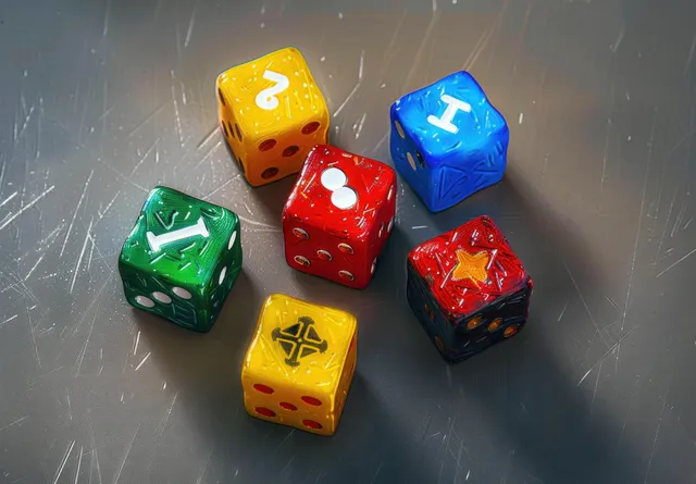 Six colorful dice scattered on a scratched gray tabletop, showing symbols and pips