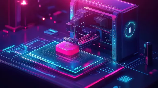 Futuristic 3D printer head extruding a glowing pink cube on a neon digital platform