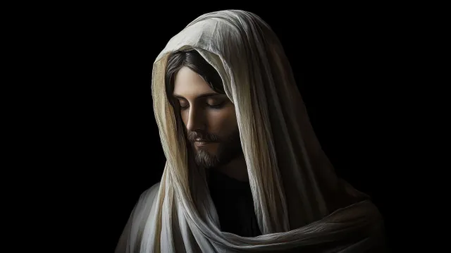 Jesus Christ is shown in a draped hooded robe under dramatic chiaroscuro lighting against a dark background.