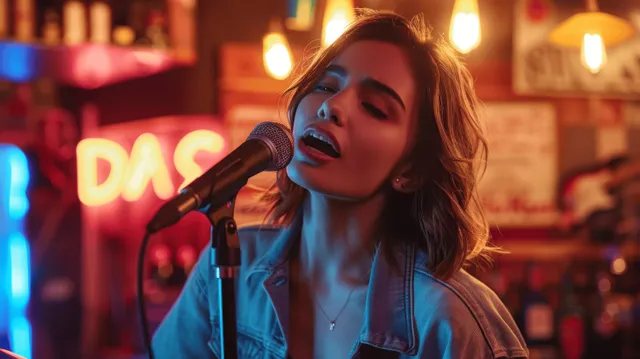 Energetic young woman singing karaoke into a neon-lit bar microphone at night