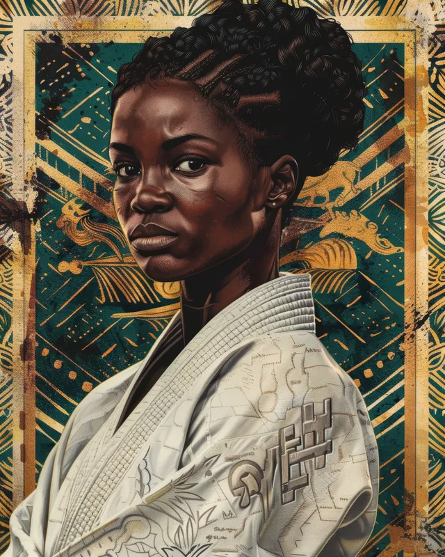 Ivory Coast female karate athlete tightening stance in kumite-ready traditional gi portrait