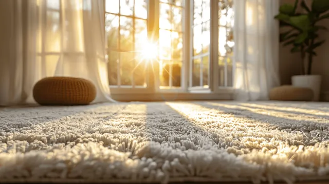 Sunlit empty living room with light beige fluffy carpet and soft window glow