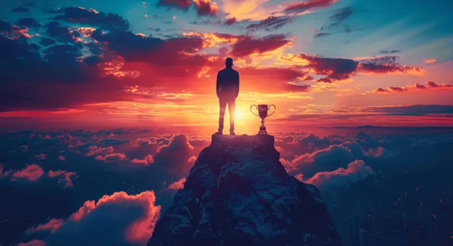 Silhouetted businessman stands on a mountain peak holding a trophy against a glowing sunset sky.