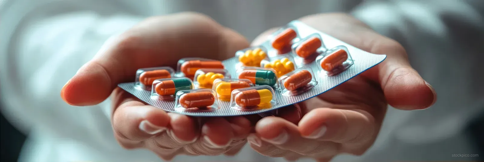 Two hands hold a blister pack containing orange capsules and yellow pills against a bright background.