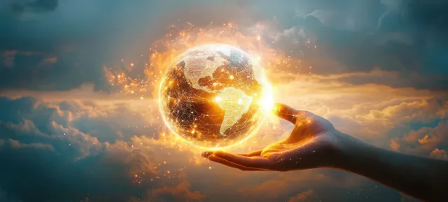 Businessman hand reaching through glowing global network data exchange at sunset clouds