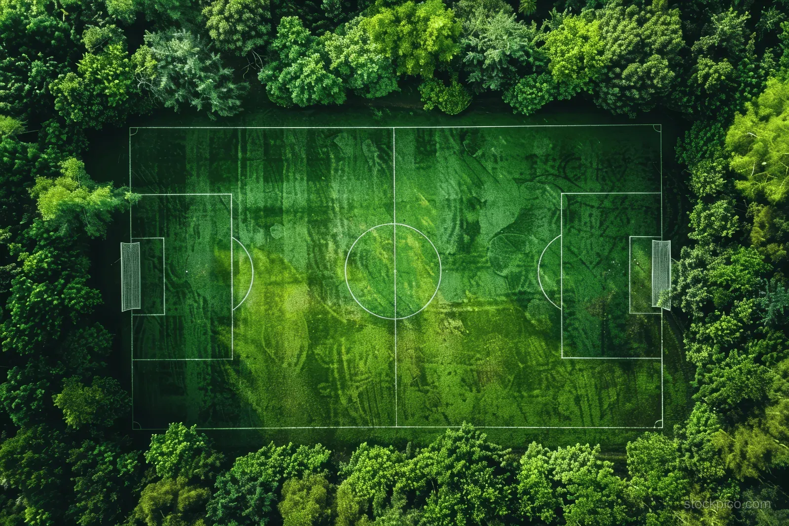 Aerial view of a green soccer pitch with white field lines surrounded by dense trees and empty space.