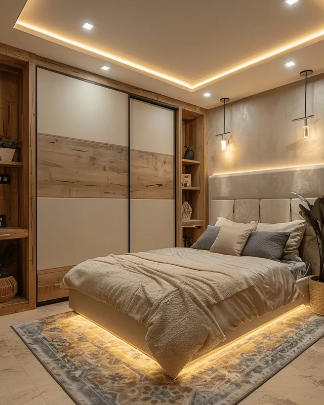 Minimalist bedroom with a white-and-wood sliding wardrobe, warm ceiling lights, and a neatly made bed.