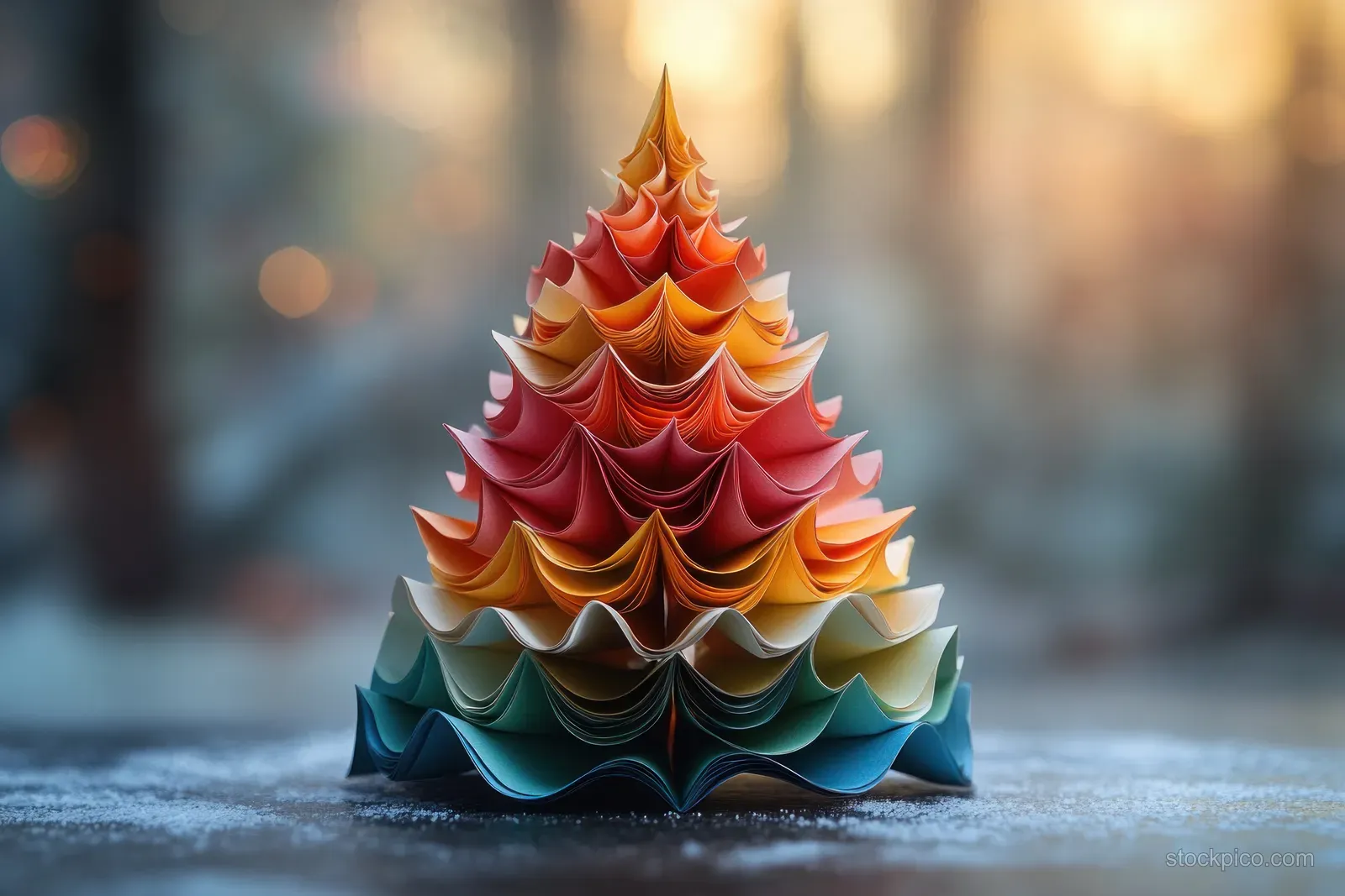 Layered paper Christmas tree with a star top on a wet street, city lights softly blurred behind it.