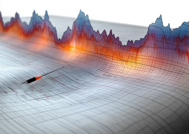 Black and orange pen lies on grid paper beside a fluctuating line graph with peaks and data curves.