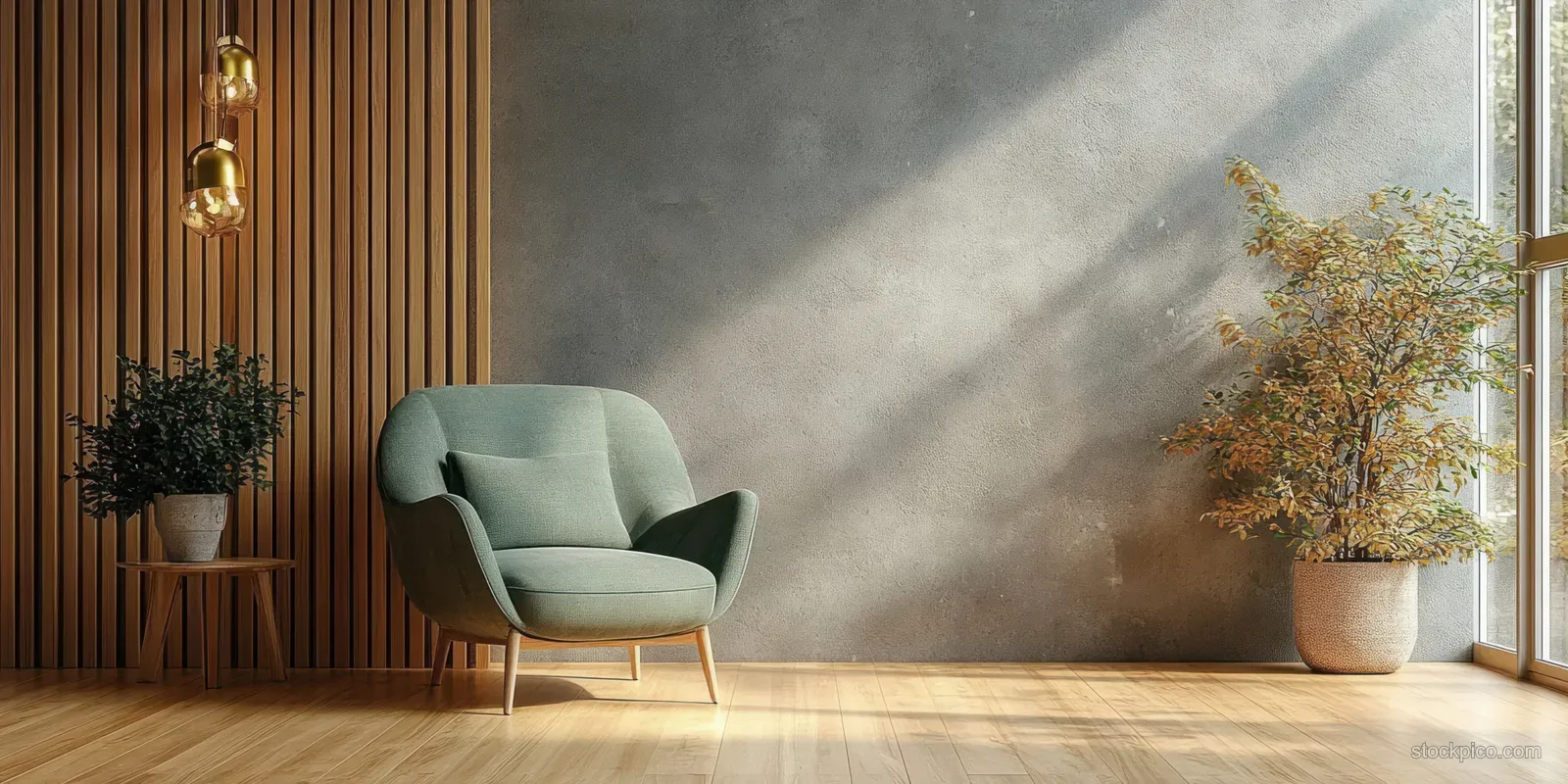 Green armchair in a modern living room with wooden panel wall and warm gold pendant lights near a window.