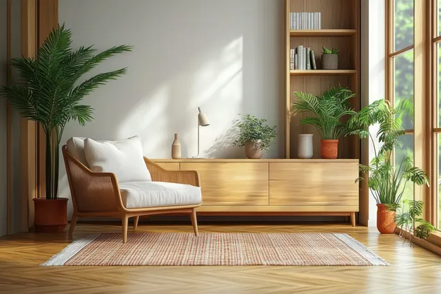 Light-wood TV cabinet and armchair in a minimal Scandinavian living room, framed by large windows and potted plants.