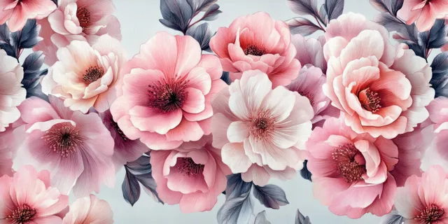 Seamless watercolor peony floral pattern with pink blooms and soft gray leaves