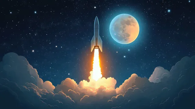 A rocket lifts off through night clouds with fiery exhaust under a glowing full moon and visible stars.