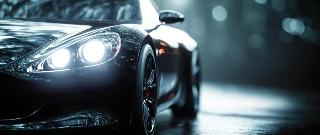 Black sports car front close-up showing bright headlights and wet road reflections under dramatic lighting.