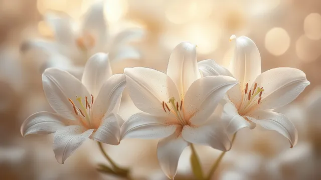 Elegant white lilies arranged for a funeral tribute, featuring soft lighting and a peaceful background with copy space.